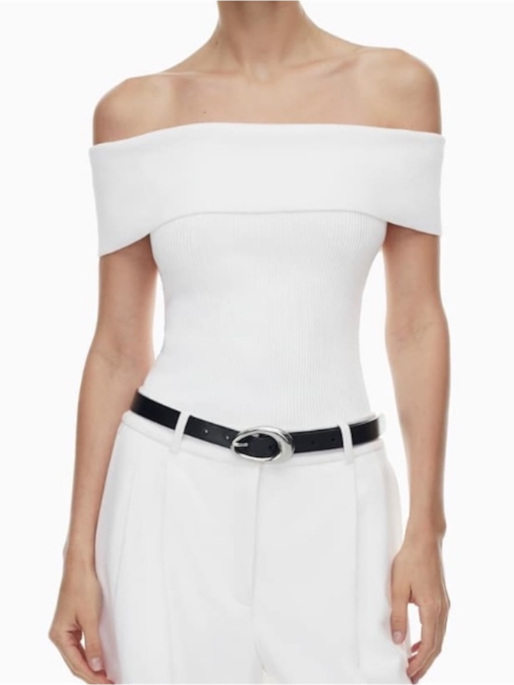 Babaton Aritzia Sculpt Knit Off Shoulder Top White Cream Ribbed Foldover Blouse